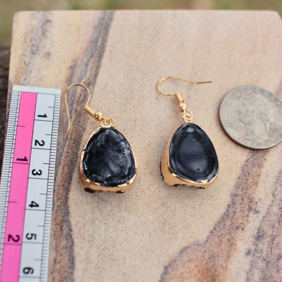 New 14K Gold Black Druzy Teardrop Dangle Earrings - Picture 10 of 13